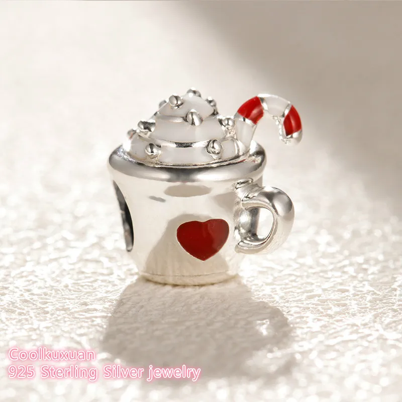 

100% 925 Sterling Silver Warm Cocoa Charm, White & Red Enamel beads Fit Original Pandora Charms Bracelet Jewelry winter