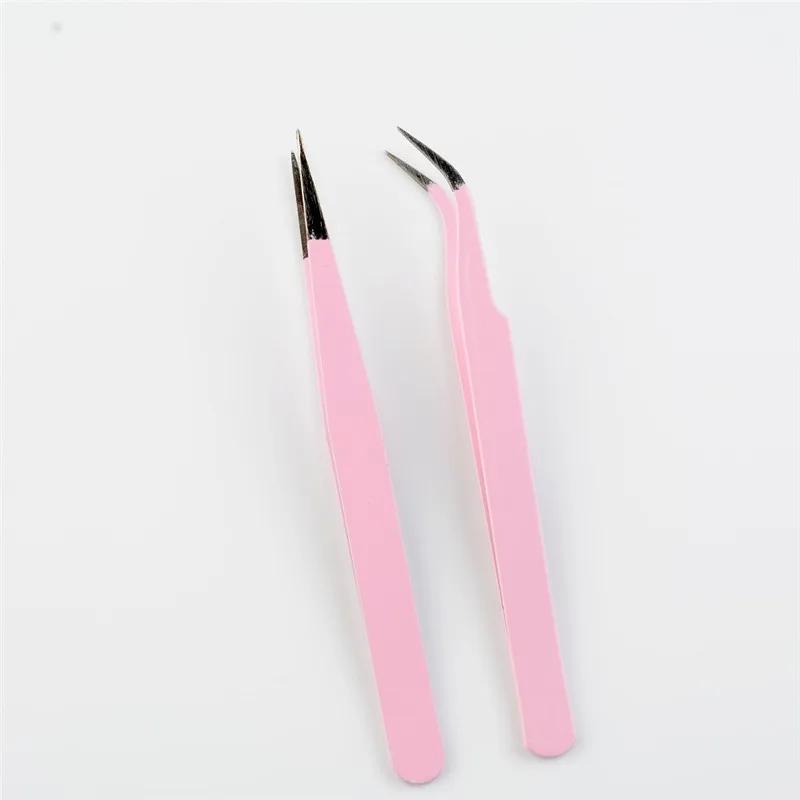 

2PCS Steel Pink Straight + Bend Tweezer For Eyelash Extensions Nail Art Nippers
