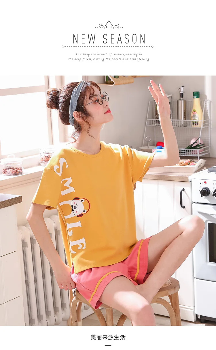 Мода мультфильм лето женская пижама Повседневная футболка шорты набор 100% хлопок пижамы для женщин 2019 Новая Домашняя одежда Pijamas 2 шт