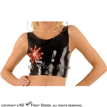 

Black With Red Flowers Trims Sexy Latex Crop Top Rubber Shirt Clothing YF-0160