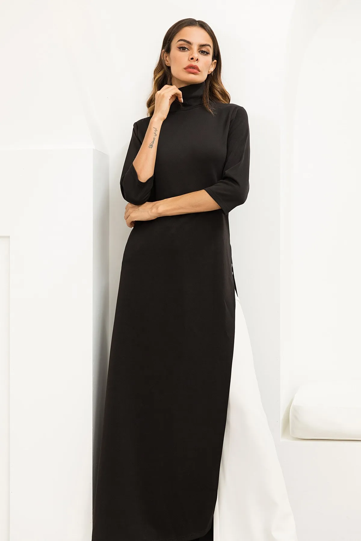 Женское Ассиметричное платье в западном стиле размера плюс, модное Платье макси с высоким воротом, обтягивающее Черное Трикотажное длинное платье - Цвет: Черный