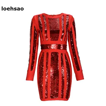 

New fashion sequined women dress red khaki bodycon bandage dress striped long sleeve O-Neck autumn party dresses