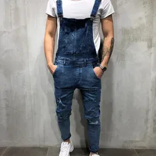 European dropshipping jeans Fashionable man's suspenders denim jumpsuit ripped trousers overalls cotton high-grade pants