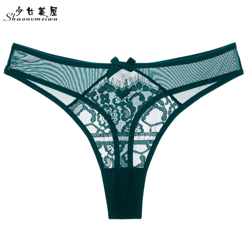 

shaonvmeiwu Sexy thin net gauze lace lady's g-string dark green allure T pants see-through