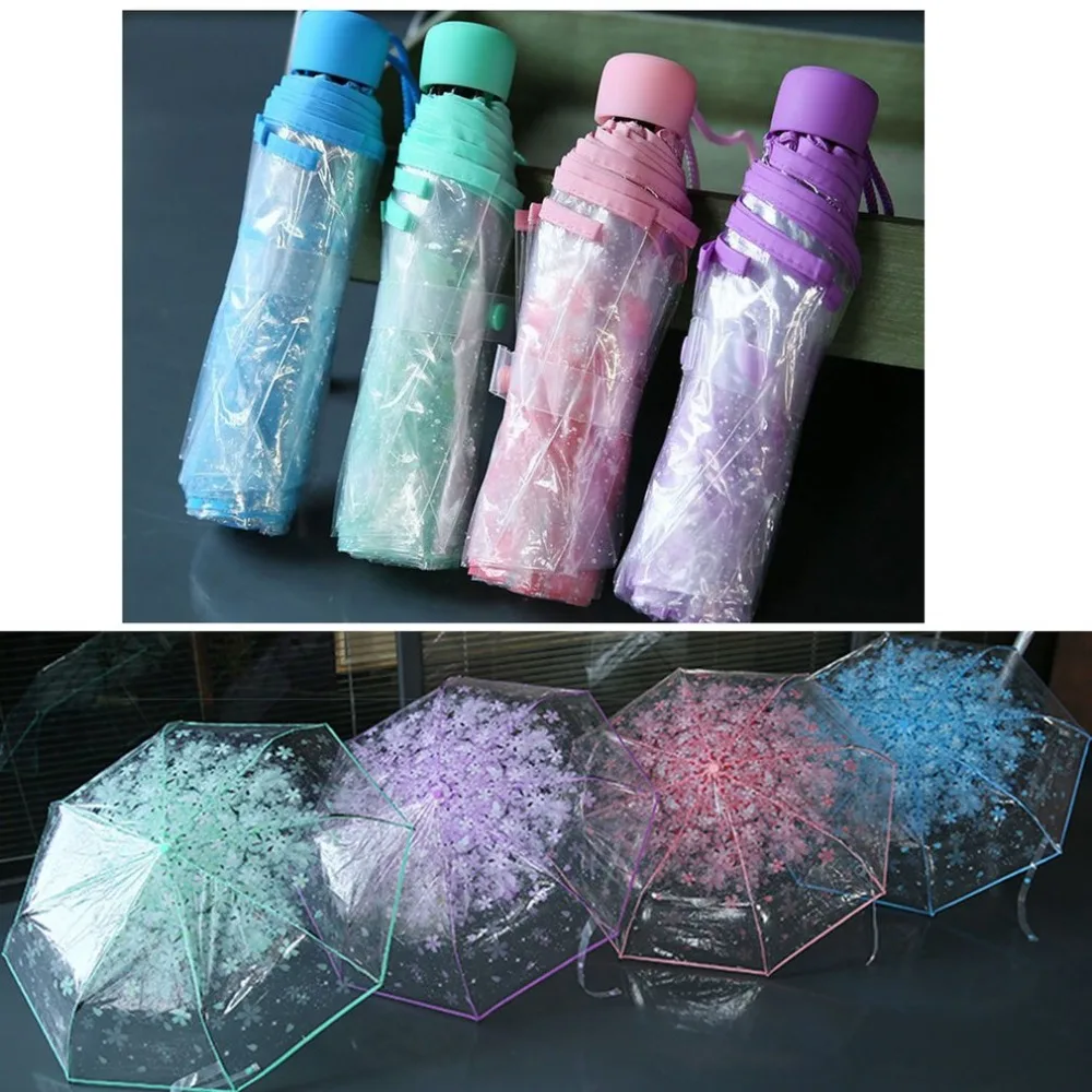 

Compact Folding Cherry Umbrella Transparent Clear Umbrella Three Folding 8 Rib Windproof Umbrellas Women Rain Umbrella Newest