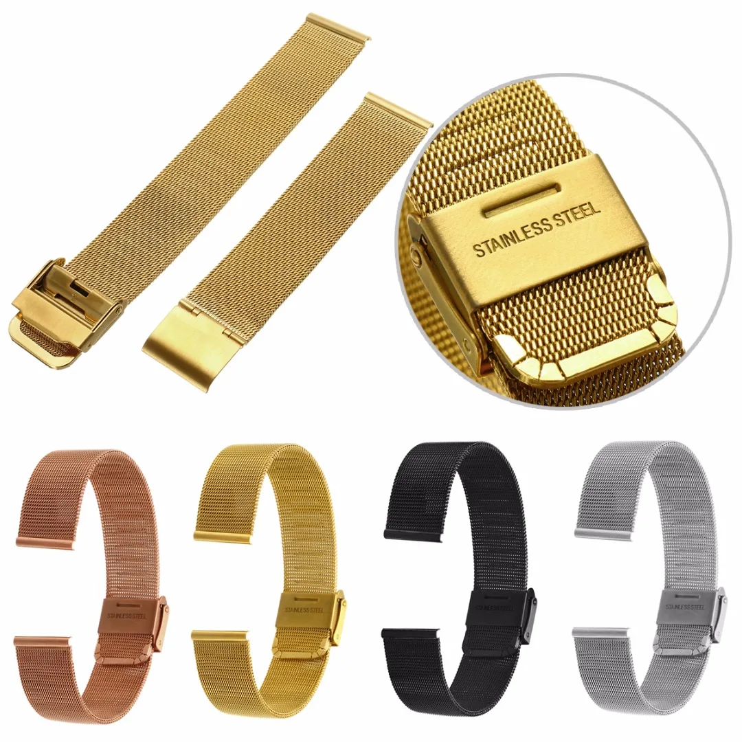 Shellhard 4 Colors Stainless Steel Mesh Wristband Band Buckle Luxury Mesh Watch Strap 12mm-22mm For Replacement WatchBand
