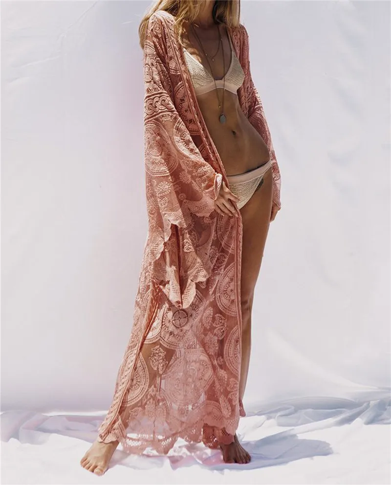 Роскошное пляжное парео, розовое Прозрачное кимоно с вышивкой, топ, бохо платье с запахом, сексуальный купальник, накидка, Кружевная туника для женщин A54