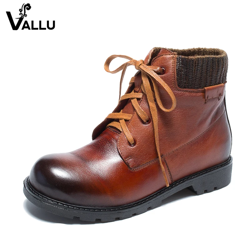 

2018 VALLU Handmade Vintage Shoes Ladies Boots Lace Up Genuine Leather Ankle Boots Round Toes Female Martin Boots