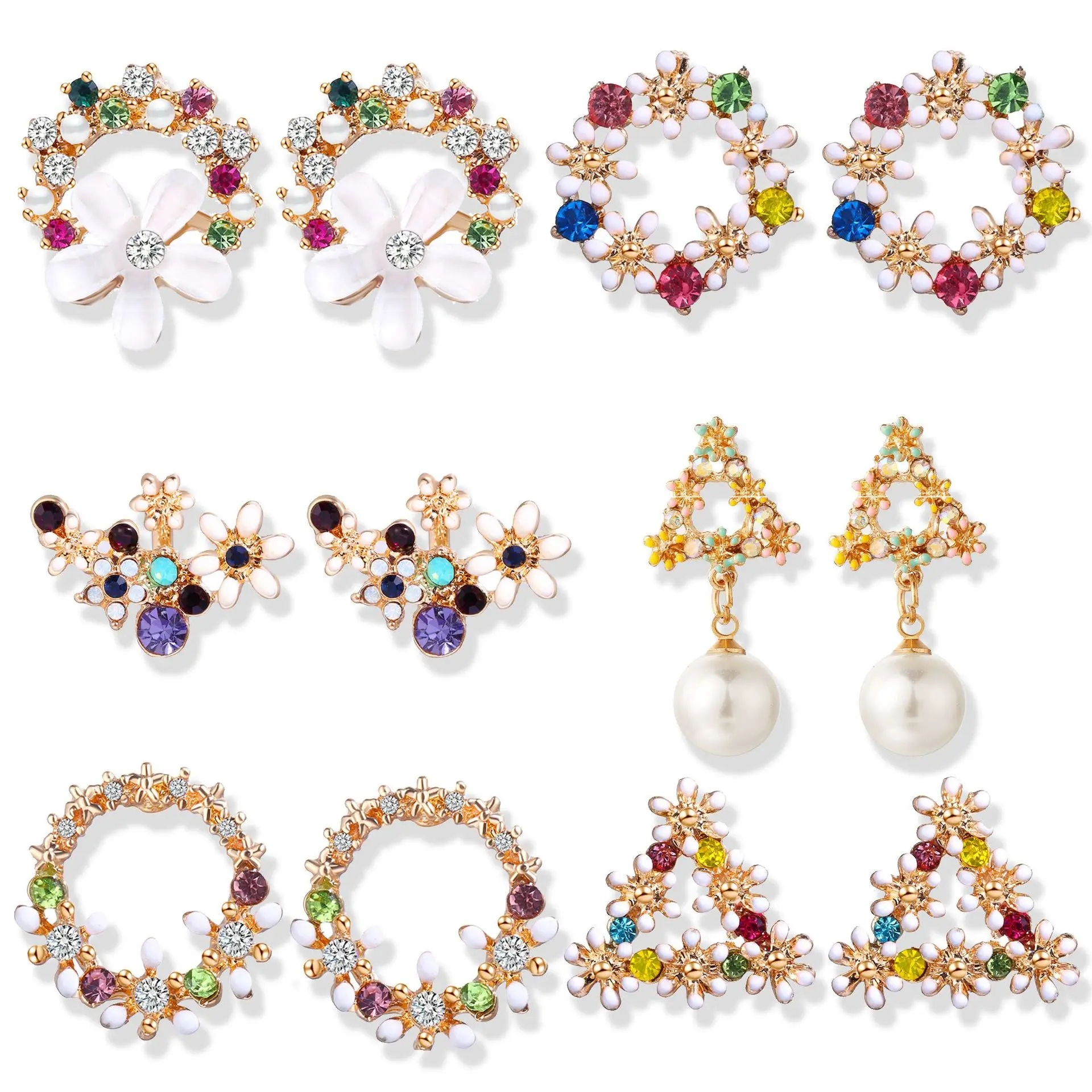 

New Trendy Summer Fashion Rhinestone Flower Pearl Metal Colors Geometric Stud Earrings For Women 2019 Statement Jewelry