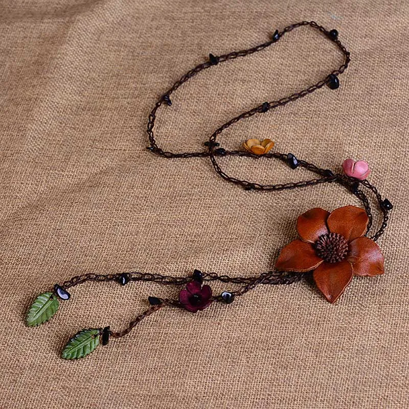 BOEYCJR 7 цветов винтажное кожаное ожерелье с подвеской в виде цветка цепочка ювелирное изделие этническое ожерелье для женщин подарок - Окраска металла: Brown