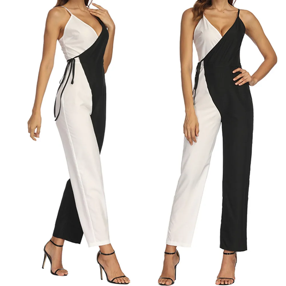 Black and white coloured pants jumpsuit fation Women Color matching ...