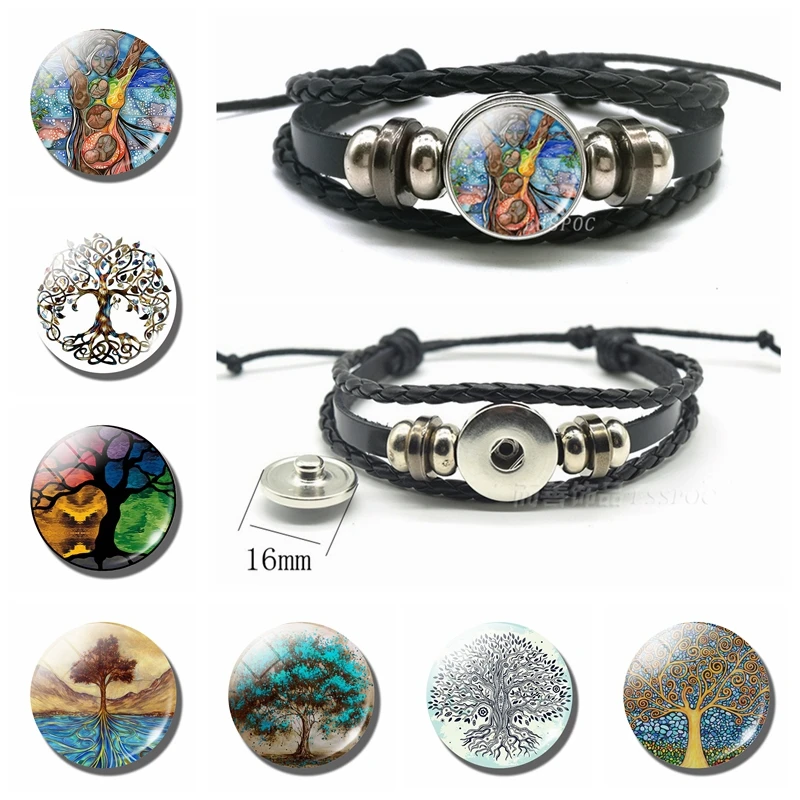 

Art Tree of Life Bracelet Glass Cabochon Snap Button Steampunk Multi-layer Leather Bracelet Fashion Accessories for Men Women