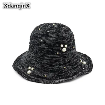 

XdanqinX Foldable Summer Women's Hat Fashion Breathable Sun Hats For Adult Women Fixed Wire Pearl Headdress Decorated Beach Hat