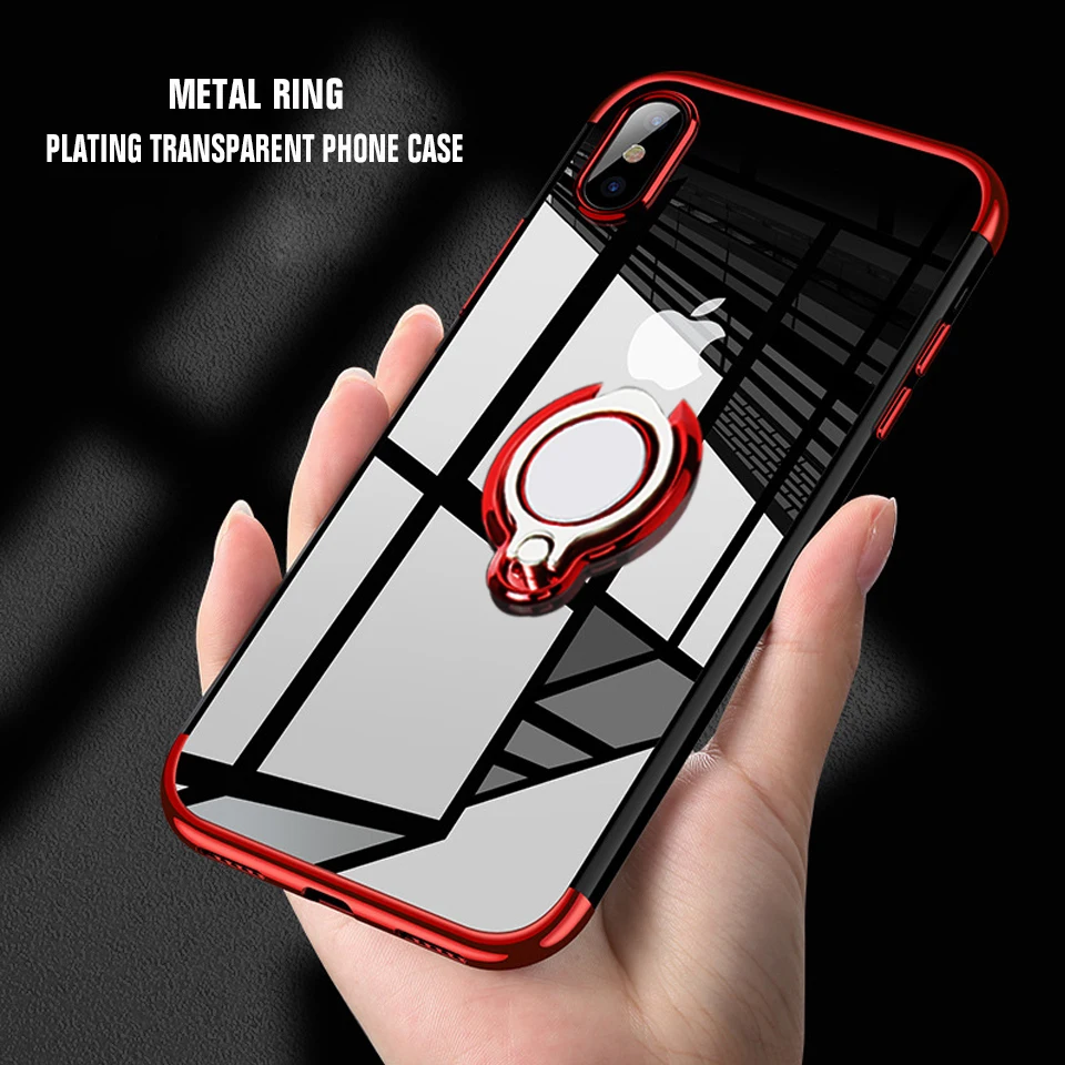 

Soft Silicone TPU Phone Case For Apple iphone 7 8 X XR XS Max 5 5s se 6 6s plus Transparent Plating Metal Ring Kickstand Cover