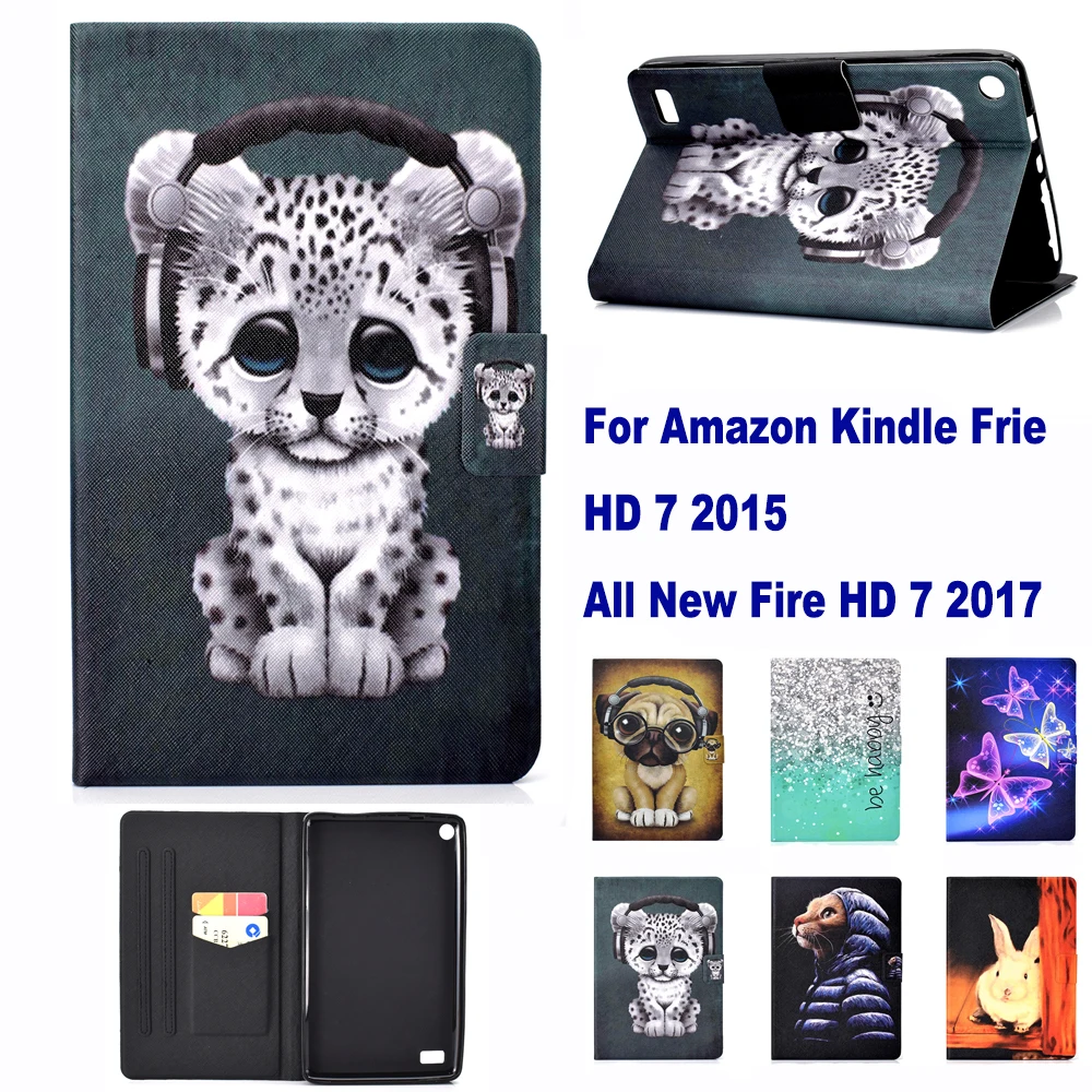 Модный чехол подставка с рисунком и отделением для карт Amazon Kindle Fire new HD 7 2015 2017