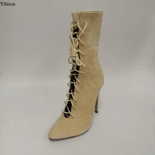 Olomm/новые женские весенние сапоги до середины икры пикантные сапоги на высоком каблуке модная обувь в сдержанном стиле с острым носком абрикосового цвета женская обувь; большие американские размеры 5-15