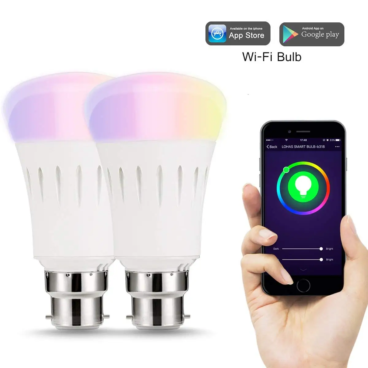 

Smart LED WiFi Bulbs B22 Colour Changing Light 60W Equivalent Remote Controlled Works with Amazon Alexa,Google Home,IFTTT-2Pack