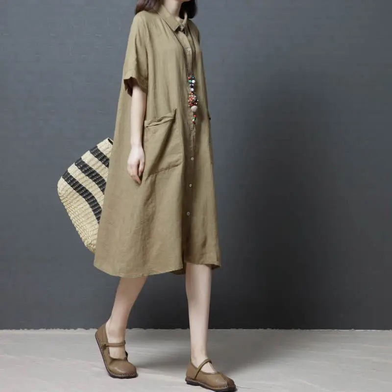 

2019 Women Clothes Plus Size Loose Casual Summer Midi Dress Vintage Cotton Linen Short Sleeve Shirt Dresses Vestidos Mujer