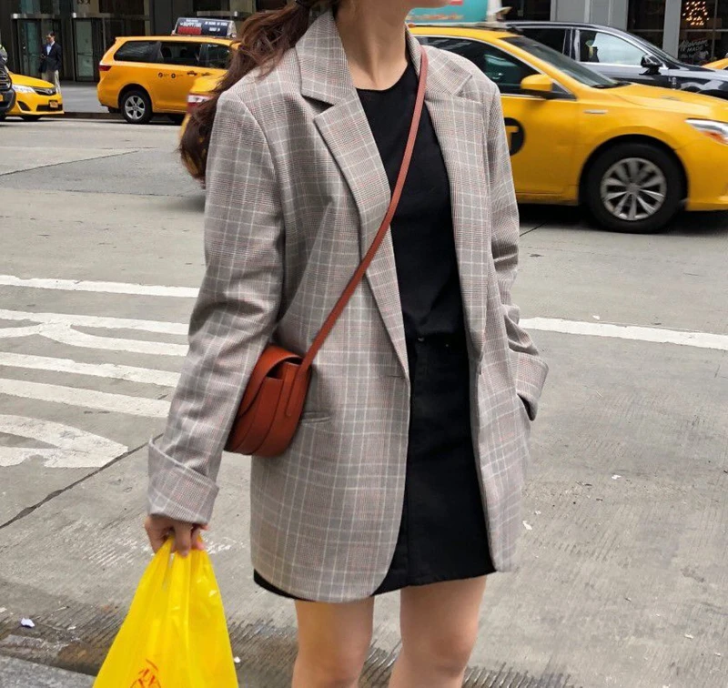 Мода одной кнопки клетчатый блейзер с длинным рукавом Женские офисные костюм пальто осень 2018 г. Свободная куртка для женщин пиджаки для