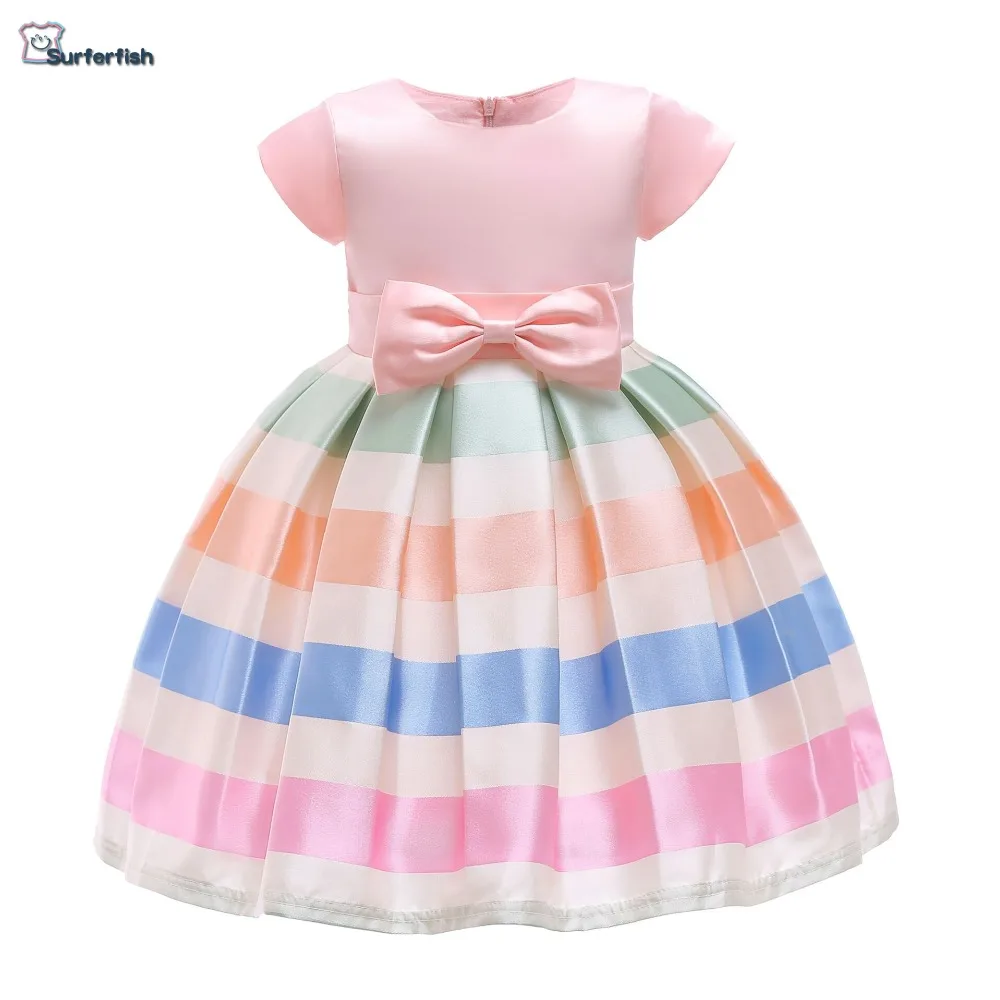 

Surferfish new girls dress Rainbow stripe Striped Children Holiday Birthday Party Baby Dress Holiday Wear Casual Dress Drop ship