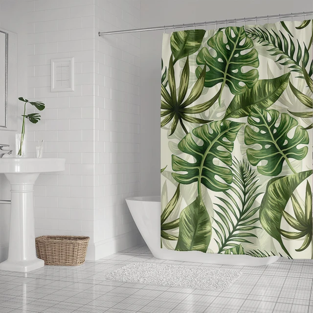 Tropical Green Leaves Shower Curtain Plant Print Bath Curtain Waterproof Bathroom Curtains Home