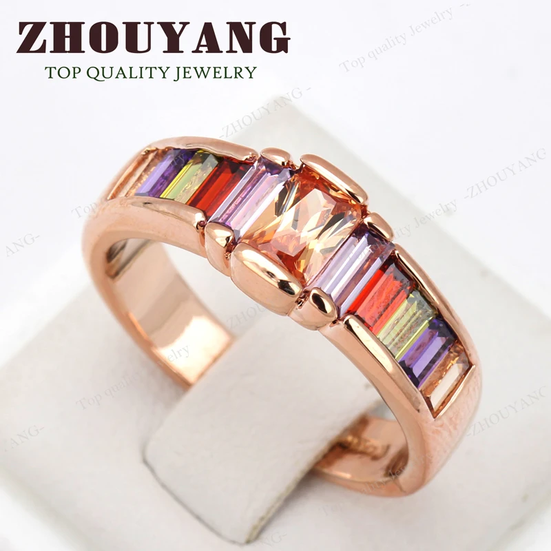 

Top Quality Multi Crystal Rainbow Ring Rose Gold Color Jewelry Austrian Crystals Full Sizes ZYR307