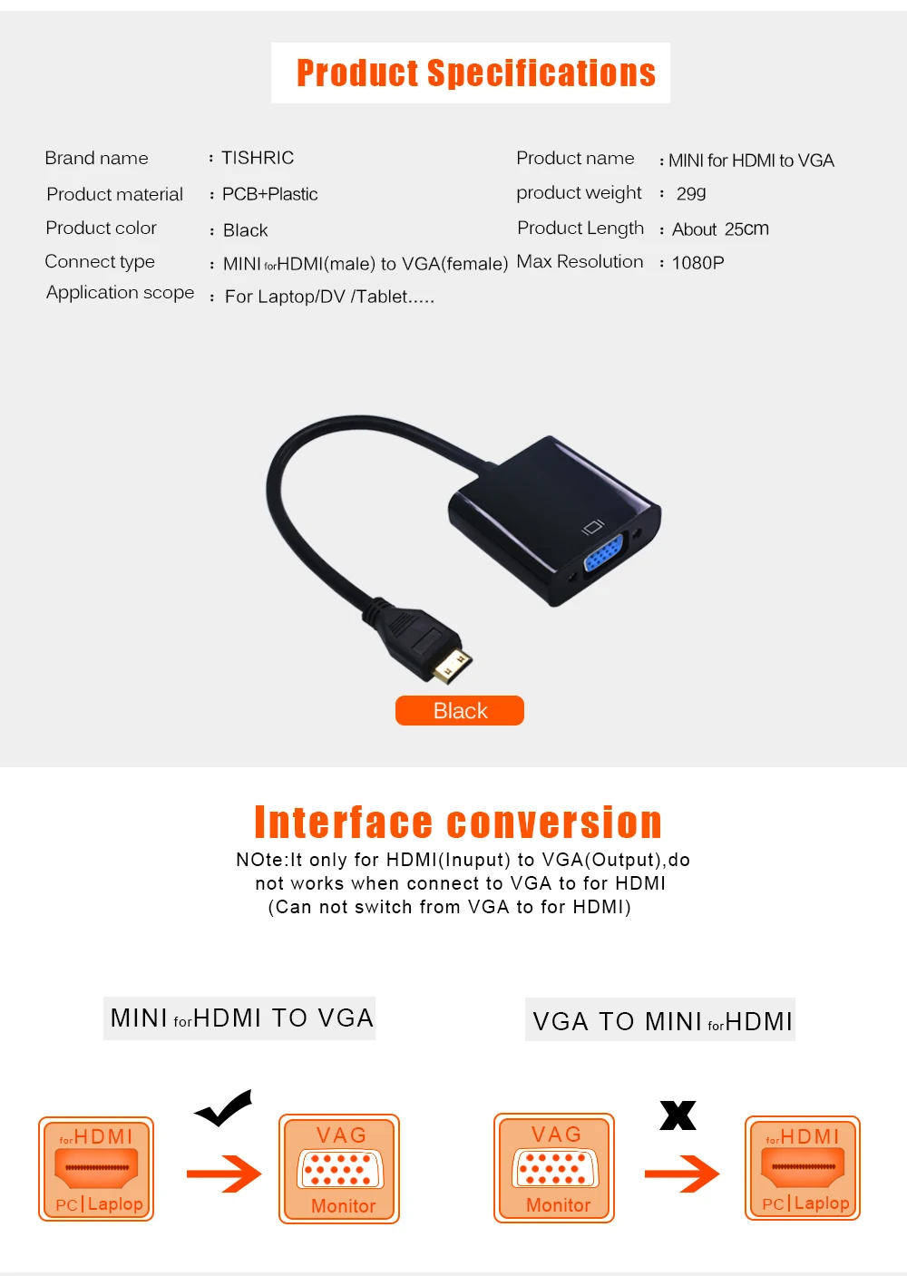 TISHRIC MINI HDMI TO VGA HDMI VGA Adaapter 1080P цифро-аналоговый аудио конвертер HDMI кабель для ноутбука tv Box проектор