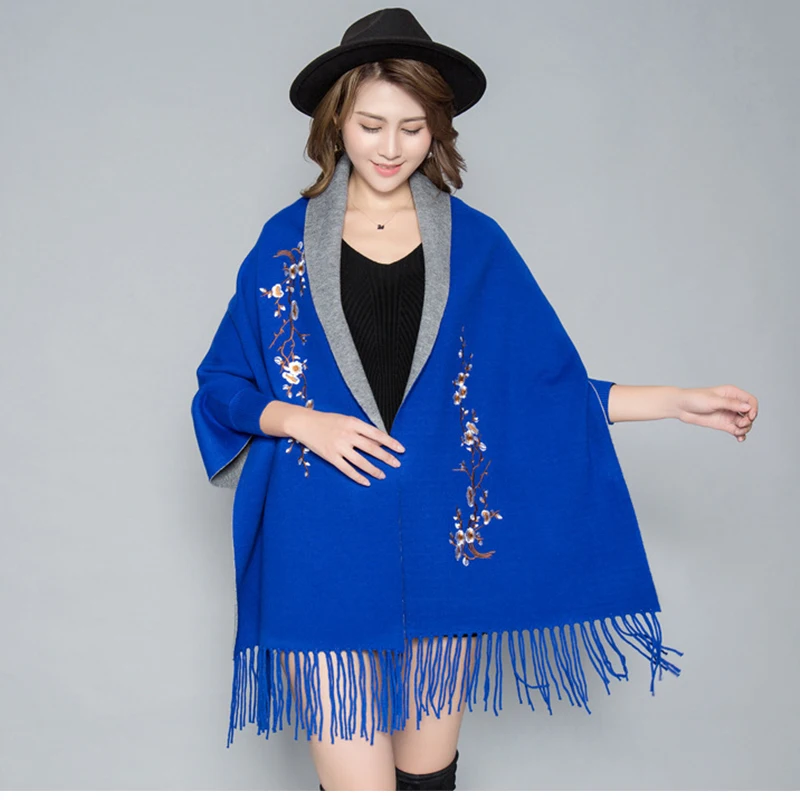 

Luxury Blue Color New Arrival Cashmere Women Winter Scarf Poncho With Sleeve Warm Lady Scarf Pashmina Tassel Embroidery Scarves