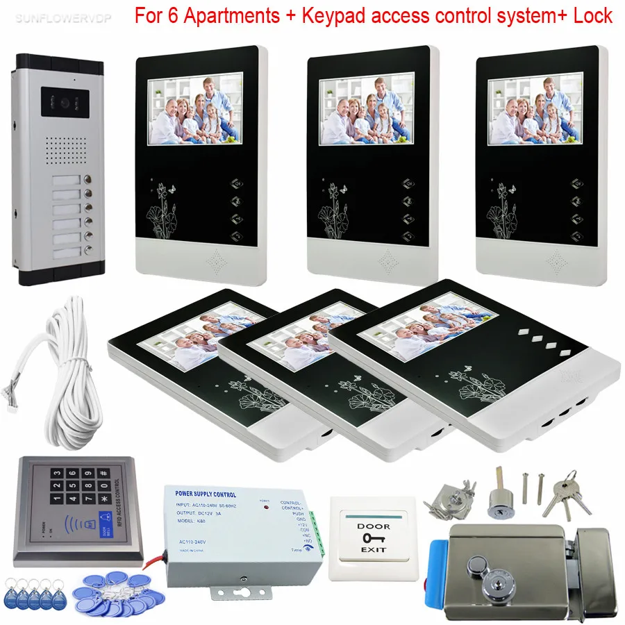 6 Units Home Video Door Phone 4.3 Inches LCD And 6 Buttons CCD Camera Video Intercoms With Eletronic Lock + Rfid Keypad System