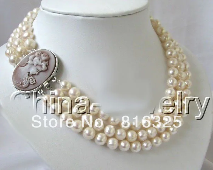 

FREE SHIPPING>> Beautiful 3row 10mm white round FW pearl necklace-cameo clasp