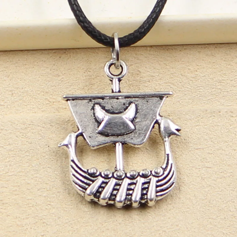 

New Durable Black Faux Leather viking ship dragon boat Pendant Cord Choker Charm DIY Retro Boho Tibetan Silver Necklace Jewelry