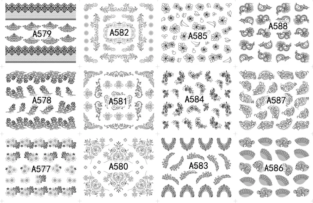 12 листов черные кружевные водоотталкивающие наклейки для ногтей Цветочные наклейки маникюрные украшения для ногтей Инструменты