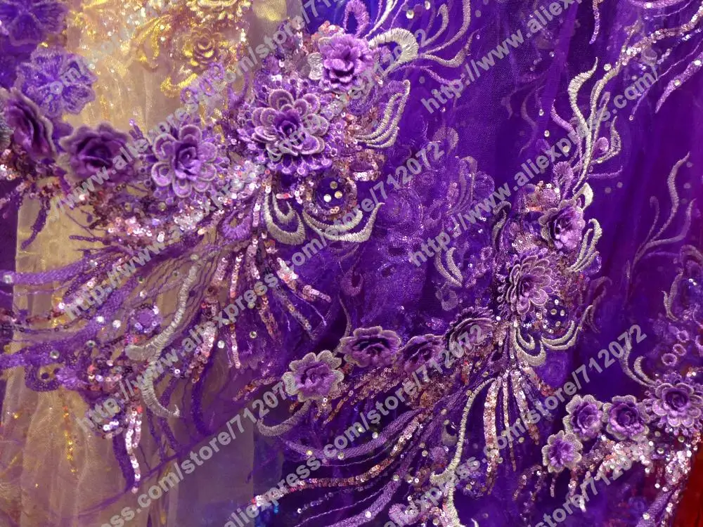 

1 yard Purple 3D flowers dress fabric beaded sequins 3D evening wedding dress fabrics fashion high qualyty fabric by the yard