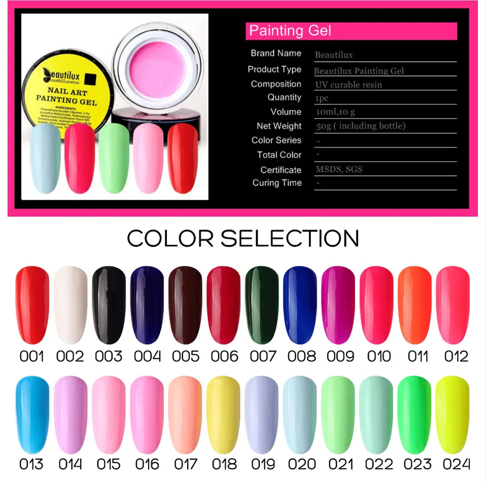 Beautilux 1pc High Pigment Painting Gel Nail Polish Soak Off UV LED No Sticky Layer Nail Art Design Gel Lacquer Enamel 10g (1)