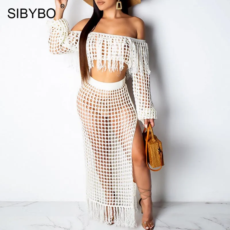 

SIBYBO Hollow Out Tassel Sexy Two Piece Set Dress Women Off Shoulder Split Summer Long Dress Beachwear Casual Bodycon Dress
