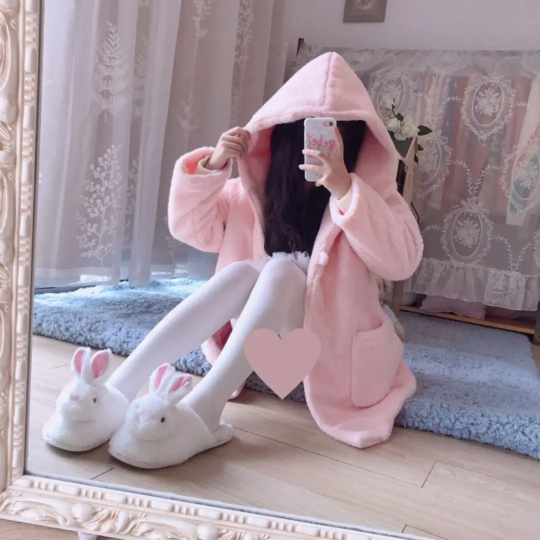 Kawaii Macaroon цвета женские Зимние флисовые теплые длинные пальто Верхняя одежда с длинным рукавом пальто с капюшоном милые