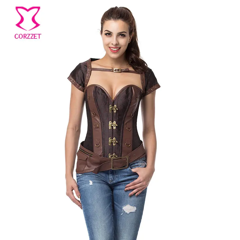 Corzzet Brown Faux Leather Shoulder Steampunk Armor Corset Steel Boned Waist Trainer Gothic 