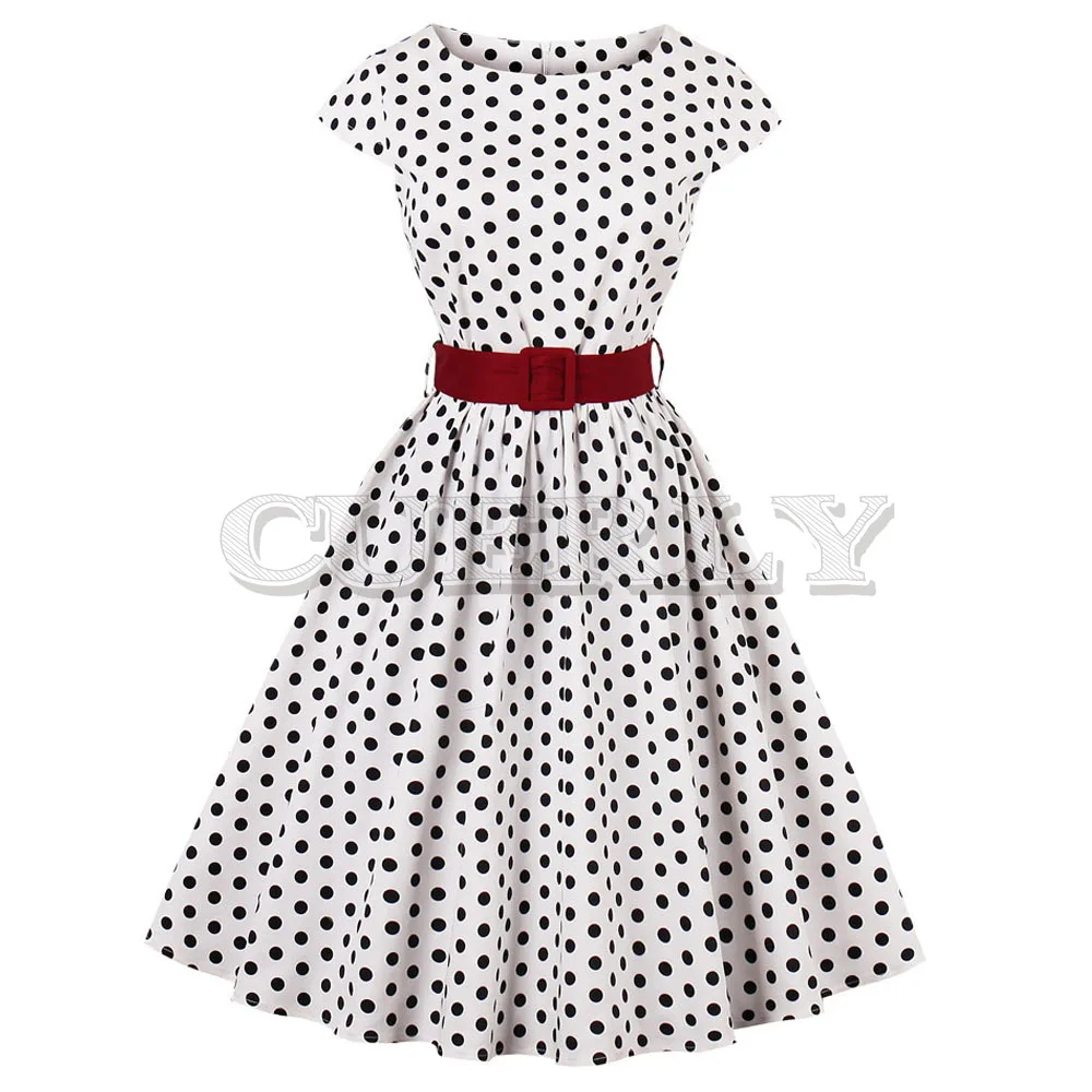 Image CUERLY Plus Size Women Vintage Dress O Neck Cap Sleeves Belts Polka Dot Print Retro Party Dress Summer 60s Feminino CUERLY