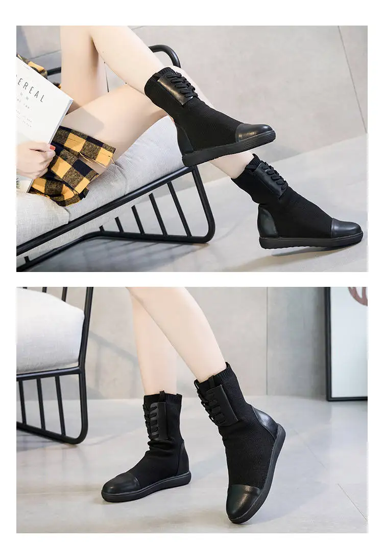 2018 Autumn And Winter Boots Women's Leather Increased Thick Bottom Elastic Boots Med-HeelFashion Winter Ankle Boots WomenM8D156 (20)