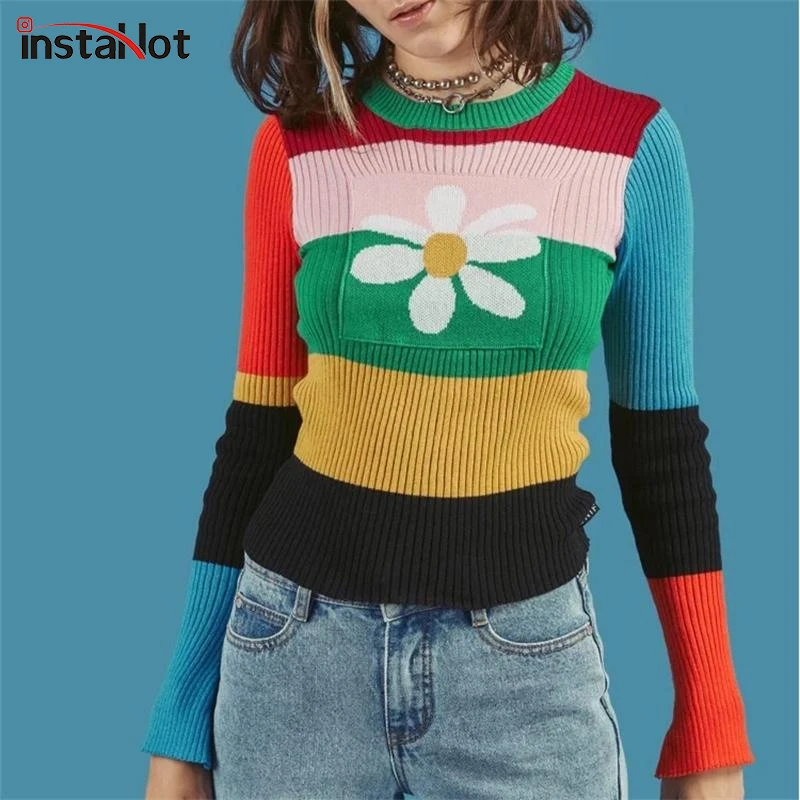 InstaHot женский полосатый вязаный свитер с бантом и радугой, Осенний эластичный свитер с круглым вырезом и цветочным узором, хлопковые топы, разноцветные зимние