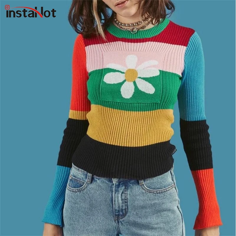 InstaHot женский полосатый вязаный свитер с бантом и радугой 2018 Осенний эластичный