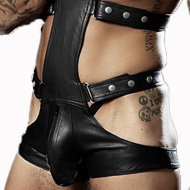 Sexy Men Faux Leather Bodysuit Exotic Fetish Bondage Restraint Lingerie Black Fantasy Gay Jumpsuit Teddy Vinyl Sex Underwear -