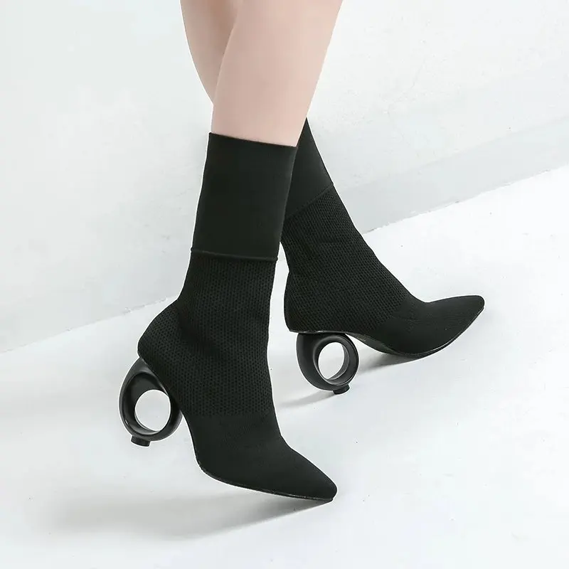 Eilyken/осень-зима; дизайн; женские сапоги до середины икры; вязаные сапоги из эластичной ткани; женские сапоги на каблуке с острым носком - Цвет: black