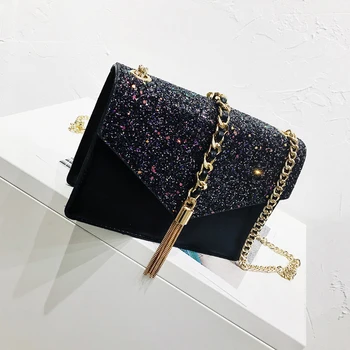 

Fashion Women Designer Handbags 2018 New High-quality PU Leather Women bag Sequined Tassels Chain Shoulder bags Messenger bag