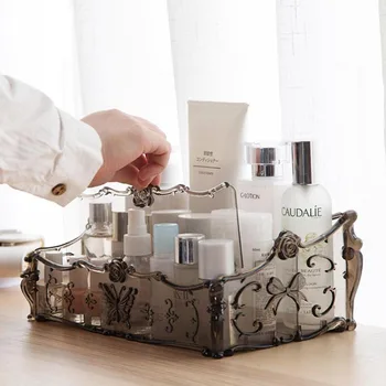 

3 Grids European Style Makeup Storage Box Dressing Table Plastic Storage Box Cosmetic Organizer Desktop Sundry Storage Case