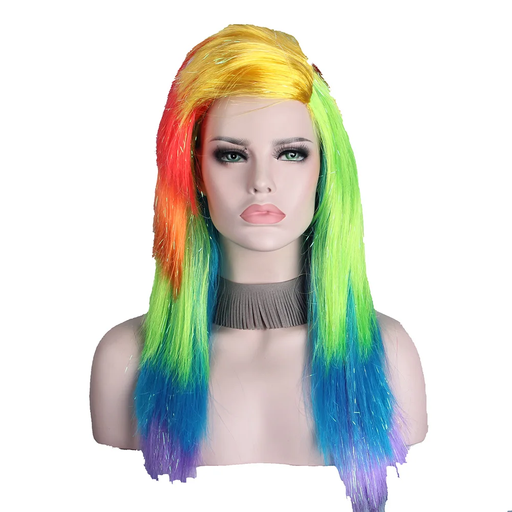 

Anxin Colorful Cosplay Wigs for Party Halloween Costumes Rainbow Blonde Root Multicolor Red Light Green Blue Hairstyle Purple