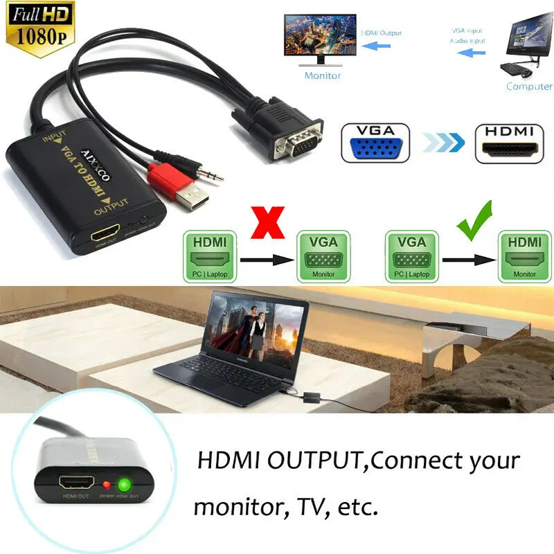 VGA Maschio A Femmina di HDMI 1080P HD + Audio AV TV HDTV Video Convertitore di Cavo Adattatore Per
