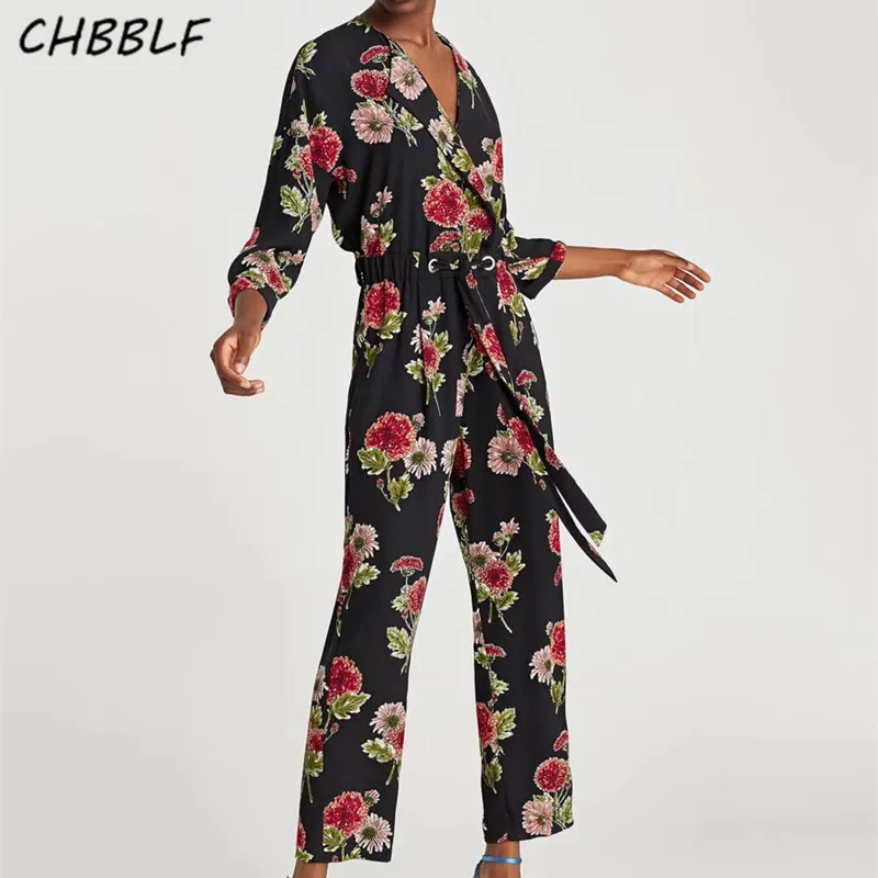 

Fashion Long Overalls Pint Jumpsuit Casual Ladies Printed V collar conjoined pants Rompers POP816