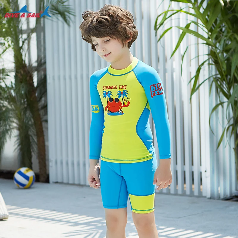 Купальный костюм, детский желтый/синий купальный костюм с защитой от солнца, SPF+ 50, одежда для плавания, купальный костюм для мальчиков и девочек 3-10 лет