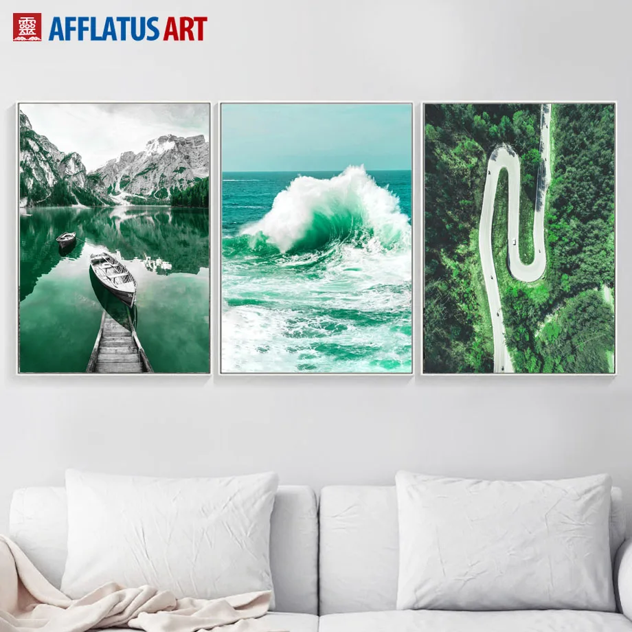 Green Monstera Forest Sea Wave Ship Road Wall Art Canvas Painting Nordic Posters And Prints Wall Pictures For Living Room Decor